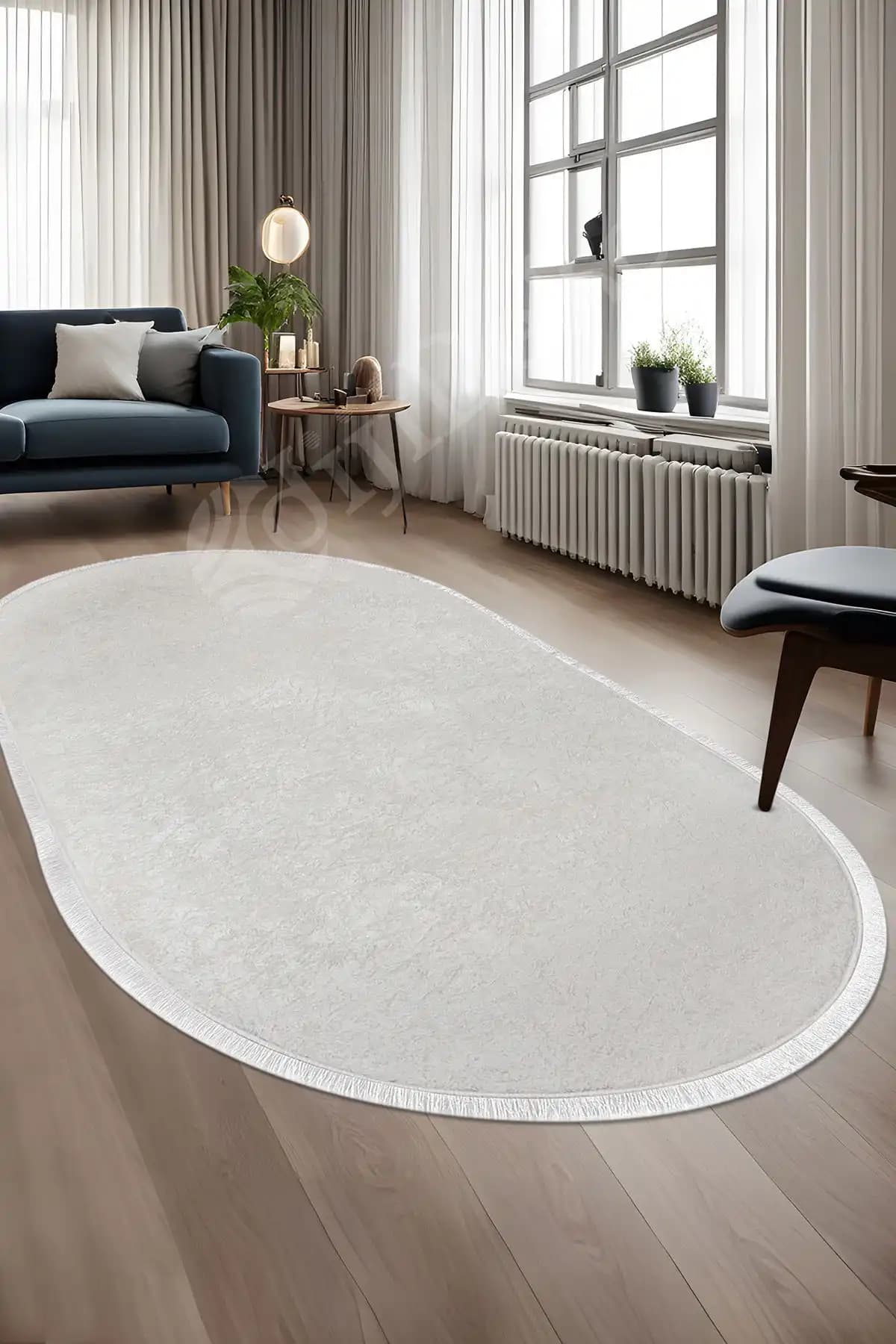 Dijidekor Janjanlı Oval Halı Açık Krem Salon Koridor Antre Mutfak Halısı Silinebilir Saçaklı