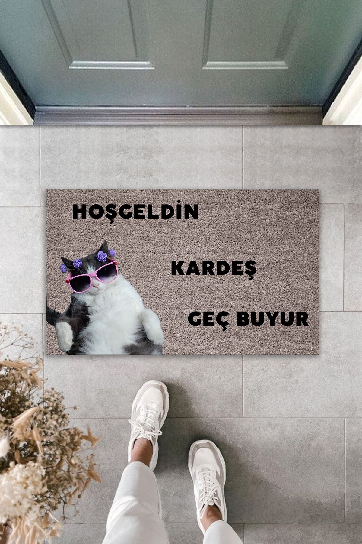 Silkcoat Home Dijital Baskı Hoşgeldin - Kedi Dekoratif Kapı Paspası K-7022