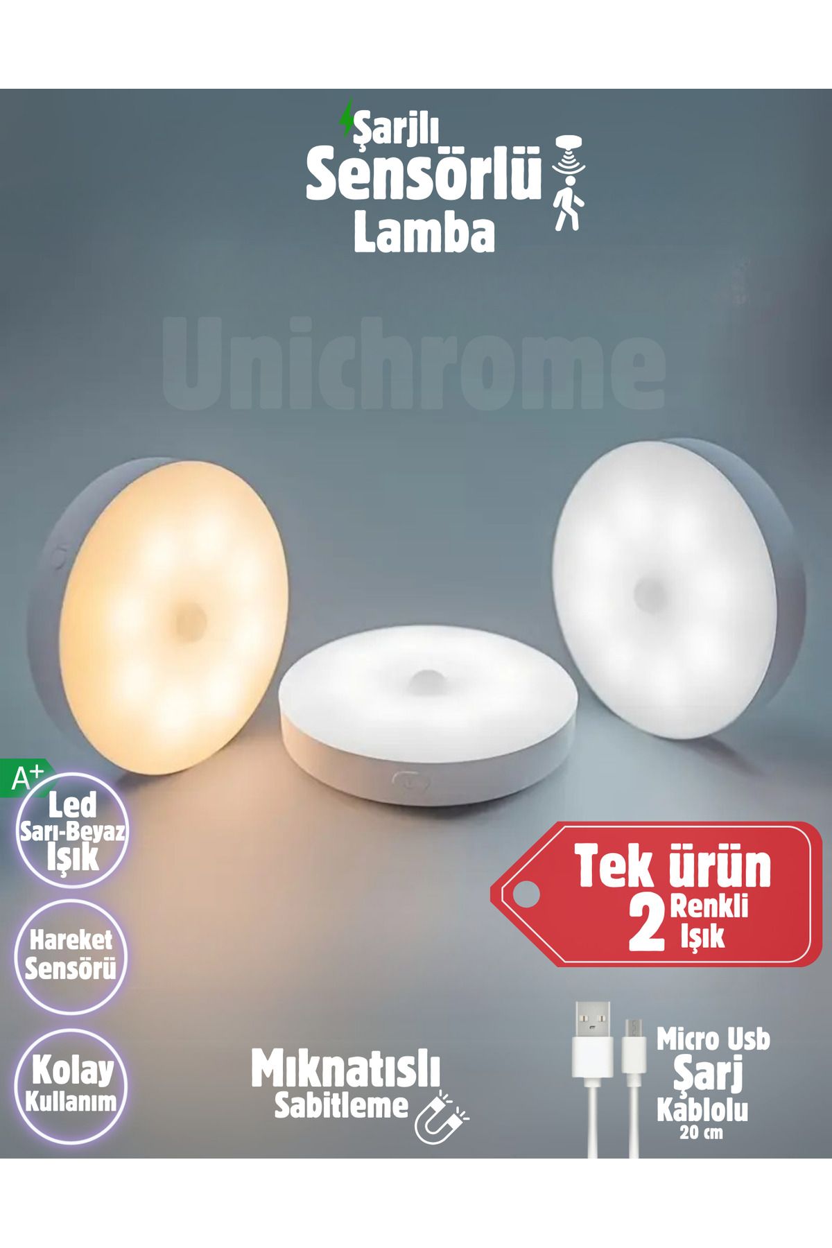 Unichrome 2 Renkli Hareket Sensörlü Usb Şarj Edilebilir Led Işık Dolap Içi Gece Lambası